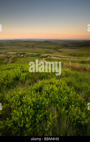 Der Pennine Way Wanderweg gewundenen Weg durch Bronte Land bei Sonnenuntergang am Moor Haworth West Yorkshire UK Stockfoto