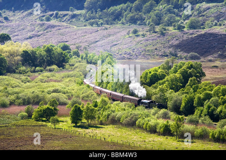 Dampf-Zug rollt durch die spektakuläre Landschaft von Levisham Moor auf die North York Moors Railway North Yorkshire UK Stockfoto