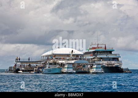 Australien, Queensland. Eine Plattform bei Agincourt Reef auf das Great Barrier Reef. Touristen in einem semi-submersible Boot. Stockfoto