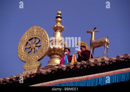 China, Tibet, Provinz Qinghai, Tongren (Repkong), Kloster Wutun Si, tibetischer Neujahrstag, tibetische Mönche auf dem Dach Stockfoto