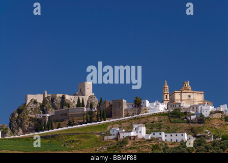 Burg und Kathedrale des Pueblo Blanco, weißes Dorf Olvera, Andalusien, Spanien, Europa Stockfoto