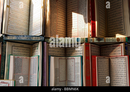 Zweisprachige Koran Suren in Arabisch und Türkisch Islamische Buchhandlung, muslimisches Dorf Eyuep, Istanbul, Türkei Stockfoto