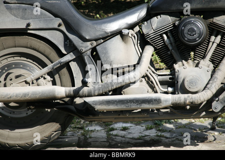 Detail von einem schmutzigen Harley Davison Motorrad Stockfoto