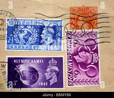 1948 London Olympische Briefmarken mit der Olympic Poststempel Stockfoto