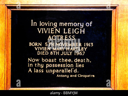 Str. Pauls Kirche Covent Garden Memorial Tablet Inschrift zu Vivienne Leigh Schauspielerin Schauspieler London England UK Stockfoto