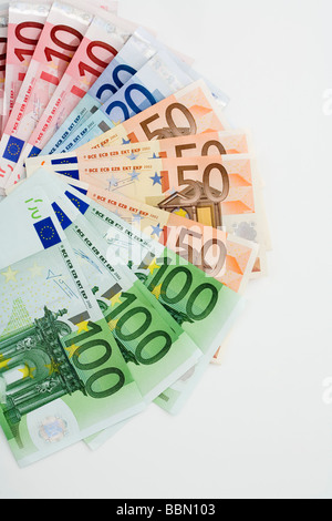 Euro-Banknoten aufgefächert, Nahaufnahme Stockfoto