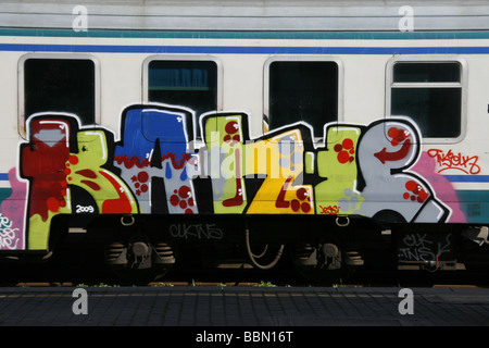 Bahn-Wagen und Türen mit Graffiti bedeckt Stockfoto