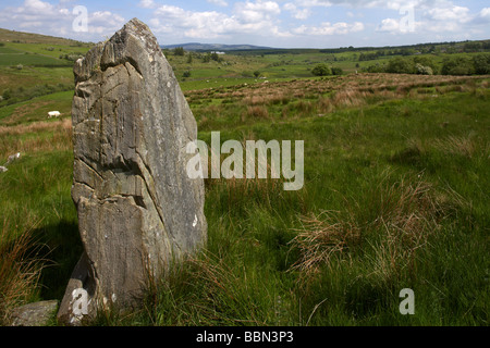 Aghascrebagh große standing Stone Grafschaft Tyrone Nordirland Vereinigtes Königreich in der Ferne ist die Ogham-Stein mit dem gleichen Namen Stockfoto