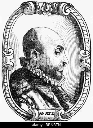 Della Porta, Giambattista, 1538 - 1615, italienischer Physiker, Dramatiker, Seitengesicht, Holzschnitt, Stockfoto