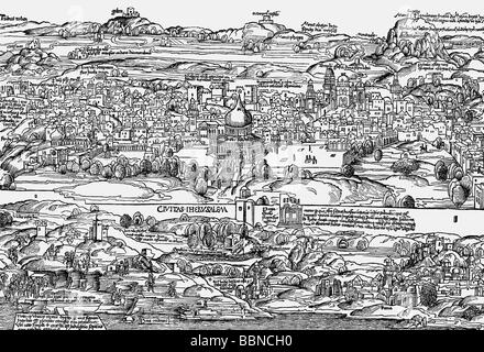 Geographie/Reise, Palästina, Jerusalem, Ansicht, "Transmarina peregrinatio" von Bernhard von Breydenbach, Holzschnitt, Speyerer, 1501, Stockfoto