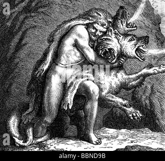 Herakles, griechische Gottheit und göttlicher Held, halbe Länge, mit Cerberos, Holzschnitt, 1876, Stockfoto