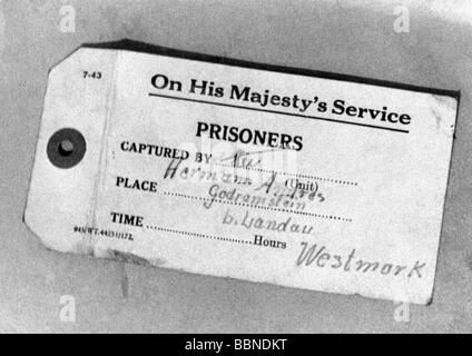 Ereignisse, Zweiter Weltkrieg/zweiter Weltkrieg, Frankreich, Dieppe, 19.8.1942, kanadisches Tie-On-Label für gefangengenommene feindliche Soldaten, Stockfoto