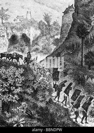 Geografie/Reisen, China, Menschen, "Warentransport in Yunnan" (Gütertransport in Yunnan), Holzgravur, zweite Hälfte des 19. Jahrhunderts, Stockfoto