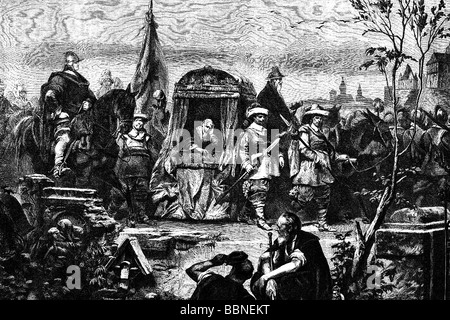 Wallenstein, Albrecht Wenzel Eusebius von, 24.9.1583 - 25.2.1634, böhmischer General, Szene, auf dem Weg nach Eger, 1634, Holzgravur, erschienen 1870, links: Butler, im Vordergrund: Seni, Stockfoto