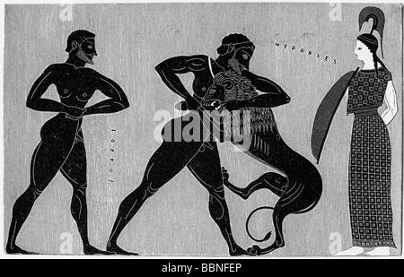 Herakles, griechische Gottheit und göttlicher Held, volle Länge, Kampf mit dem Nemeischen Löwen, Statue, Holzgravur, Stockfoto