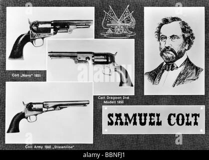 Colt, Samuel, 19.7.182 - 10.1.1862, amerikanischer Waffentechniker, Konstruktor des Colt 1835/186, Portrait und Colt 'Navy' 1851, Dragoon, 2. 1950, Army 1860 'Streamline', Stockfoto