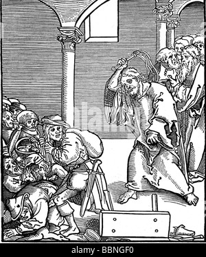 Jesus Christus, ca. 4 v. Chr. - ca. 33 v. Chr., volle Länge, die Usurer aus dem Tempel werfen, Holzschnitt, von Lucas Cranach dem älteren, 1521, Stockfoto