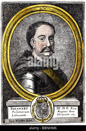 Johann III. Sobieski, 17.8.1629 - 17.6.1696, König von Polen 1674 - 1696, Porträt, farbige Kupferstich von caspard Bouttats, Ende des 17. Jahrhunderts, Artist's Urheberrecht nicht gelöscht werden Stockfoto