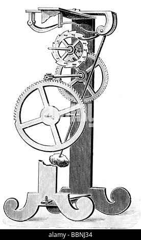 Galilei, Galileo, 15.2.1564 - 8.1.1642, italienischer Wissenschaftler (Astronom, Physiker) und Philosoph, seine Pendeluhr, Holzgravur, 19. Jahrhundert, Stockfoto