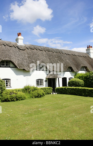 Reihe von weißen gemalten Thatched Dach Cottages im Swan grün Lyndhurst in Hampshire, England Stockfoto