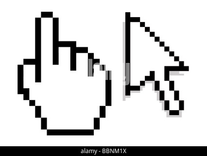 Abbildung des Wartens Hand und Cursor-Computer-Icons in schwarz isoliert auf weißem Hintergrund zeigt Stockfoto