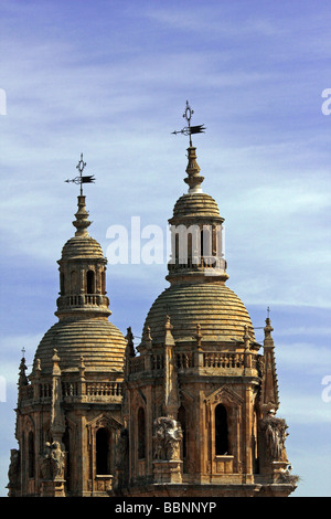 Zwillingstürme der Clerecia Kirche und der Jesuit Hochschule Salamanca Spanien einschließlich nisten Kraniche Stockfoto