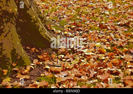 Cel-Shading-Abbildung des Herbstes lässt auf Boden gefallenen Baumstamm Stockfoto