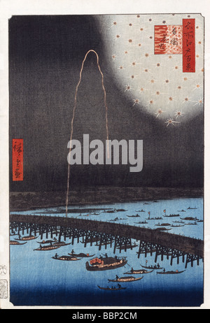 Utagawa Hiroshige, 100 berühmte Ansichten von Edo, Feuerwerk am Ryogoku, Stockfoto