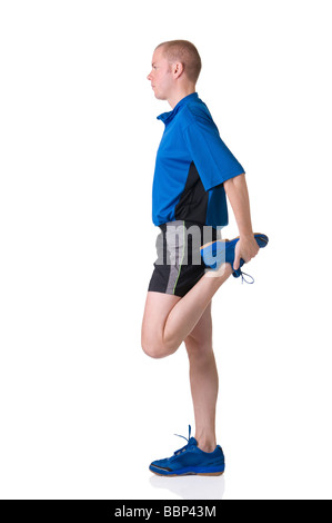 Voll isolierte Bild von einem kaukasischen Mann Dehnung der Muskulatur Stockfoto