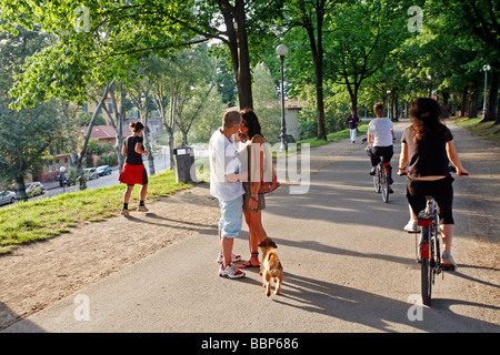 PROMENADE FÜR FUßGÄNGER UND RADFAHRER AUF DEN SCHATTIGEN WÄLLEN, DIE GEHEN DURCH DIE STADT LUCCA, TOSKANA, ITALIEN Stockfoto