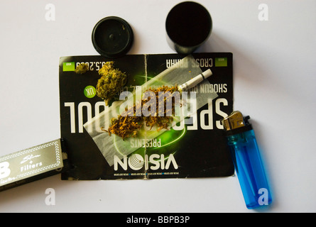 Skunk Cannabis Joint fertig gerollt werden, vor weißem Hintergrund Stockfoto