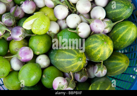 Gurken, Auberginen und Limes auf dem täglichen Lebensmittelmarkt in Luang Prabang Laos Stockfoto