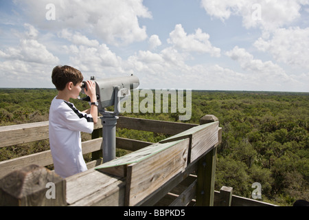 Vom Turm aus Baldachin im Myakka River State Park in Florida sieht ein Junge durch das Fernglas auf die Florida-Landschaft. Stockfoto