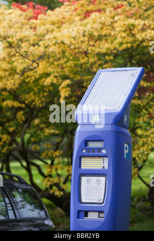 Eine solarbetriebene Parkuhr auf dem Gelände des Campus der Universität von Cumbria Ambleside Cumbria UK Stockfoto