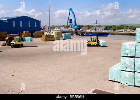 Gabelstapler und ein Kran, ein angedocktes Schiff entladen Stockfoto