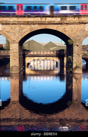 Northern Rail Zug überqueren "Fluss Don" in Sheffield, "South Yorkshire'England," Great Britain " Stockfoto