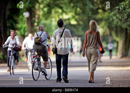 PROMENADE FÜR FUßGÄNGER UND RADFAHRER AUF DEN SCHATTIGEN WÄLLEN, DIE GEHEN DURCH DIE STADT LUCCA, TOSKANA, ITALIEN Stockfoto