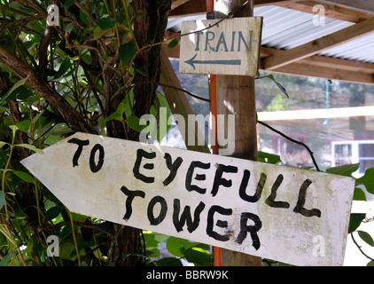 Zeichen der Driving Creek Railway und Töpfereien, Coromandel Town, New Zealand Stockfoto