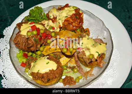 Kubanischen Stil Boden Rindfleisch Chili Con Carne zog mariniertes gebratenes Schweinefleisch Ropa Vieja Vorspeisen tief gebratene Kochbananen Bananenchips Stockfoto