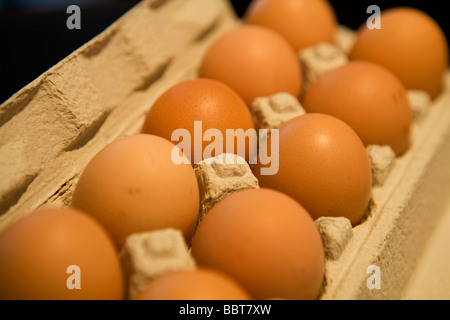 Britische großen gelben Eiern im Karton Stockfoto