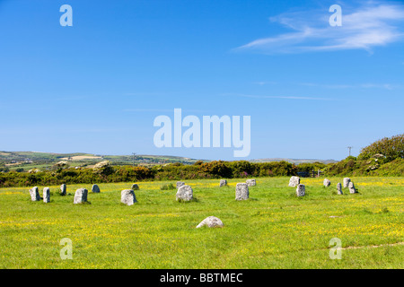 Der Steinkreis der Merry Maidens in der Nähe von später Bucht in Cornwall UK Stockfoto