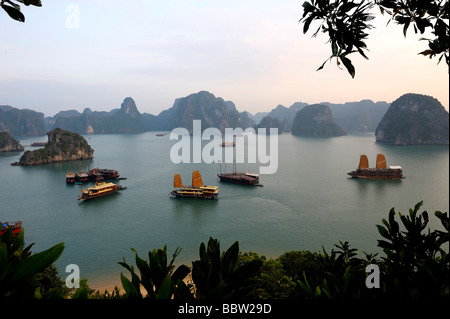 Schiffe vor Felsformationen, Halong-Bucht, Hanoi, Südost-Asien Stockfoto