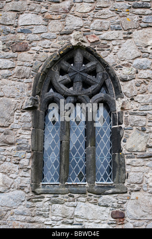 St Clements Kirche gewölbten verbleites Stein Fenster, Rodel, Isle of Harris, Äußere Hebriden, Schottland Stockfoto