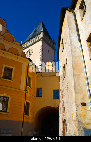 Altstadt mit Uhrturm des Rathauses in Tabor-Tschechien-Europa Stockfoto