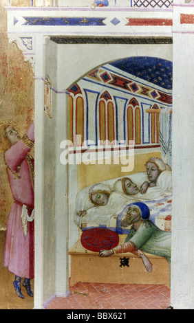 Medizin, Krankenhäuser, Krankenhaus des heiligen Nikolaus von Bari, Gemälde von Ambrogio Lorenzetti (1319 - 1347), Detail, Louvre, Mittelalter, Kranke, San Nicola, Italien, bildende Kunst, Gotik, italienische Malerei, 14. Jahrhundert, historisch, historisch, mittelalterlichen Menschen, Stockfoto