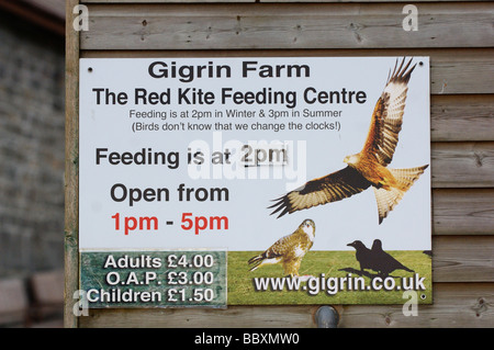 Rote Drachen Milvus Milvus Zeichen für Futterstation fotografiert in Wales Stockfoto