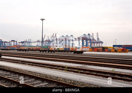 Intermodaler Ship-to-Rail-Container Fracht auf einem Port Schienennetz Transit warten. Stockfoto