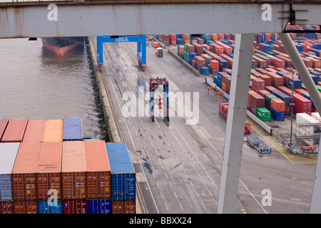 Container an Bord eines angedockten Containerschiff erwarten um entladen werden. Stockfoto