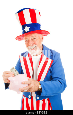 Amerikanische Ikone isoliert Uncle Sam in seinem Sparschwein Geld sparen Stockfoto