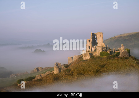 Corfe Castle im frühen Morgennebel, Denkmalschutz, Abstand, Purbecks, Dorset entnommen Stockfoto